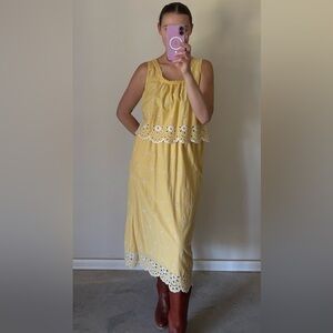 2 Piece Eyelet Cotton Yellow Maxi Dress & Tank Top Set Women’s Size Small